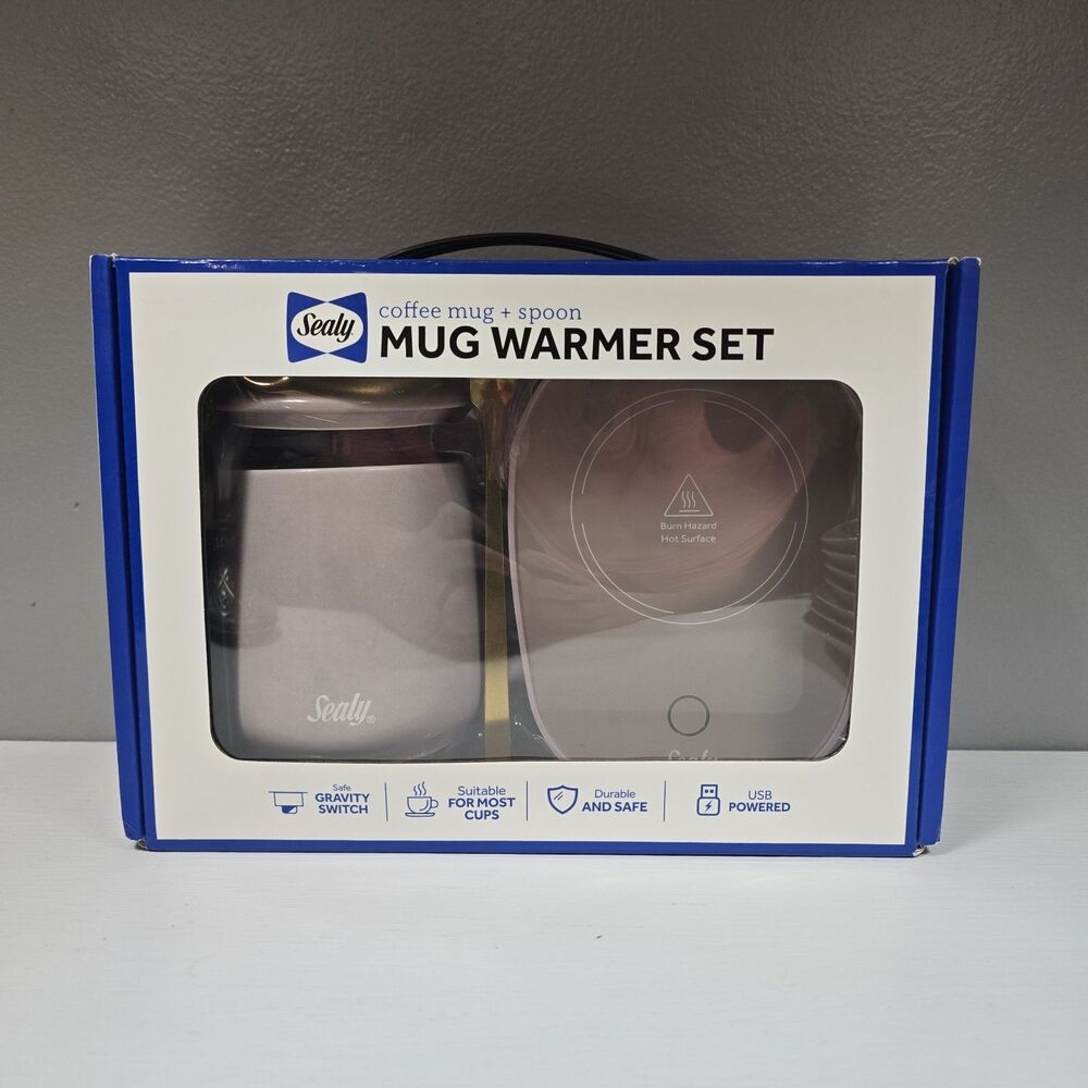 NEW Sealy Coffee Mug Warmer Set Pink With Spoon Unused In Unopened Box